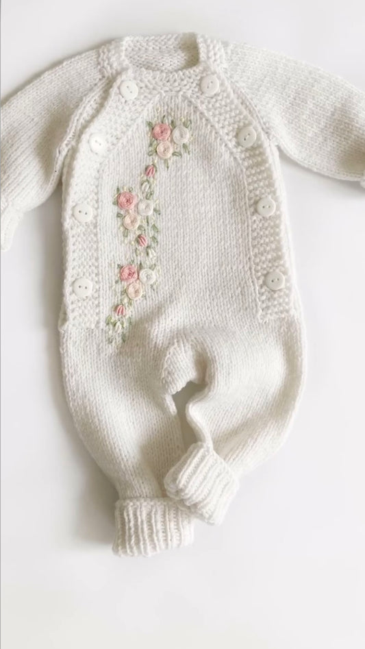 Hand-Knitted Floral Baby Romper – White