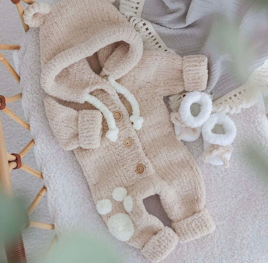 Cosy Hooded Baby Romper & Booties Set – Beige