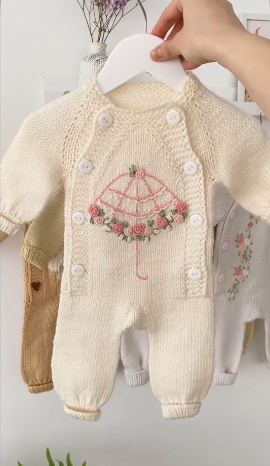 Hand-Knitted Floral Parasol Baby Romper – Cream